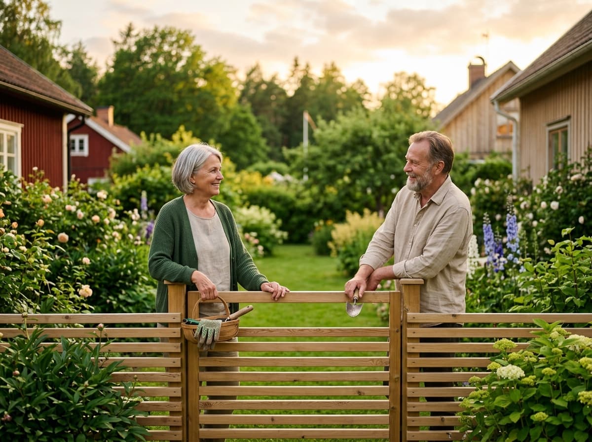 Neighbors conversing across a low fence peacefully